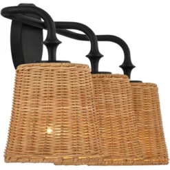 360 Lighting Keanu Farmhouse Rustic Wall Light Matte Black Hardwire 23 1/4" 3-Light Fixture Natural Rattan For Bathroom Vanity -360 Lighting GUEST 01678e1f 46f6 4ef7 8c8a 19fbb5352693