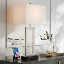 360 Lighting Todd Modern Table Lamp 30" Tall Steel Open Rectangle With USB And AC Power Outlet In Base White Shade For Bedroom Living Room Bedside