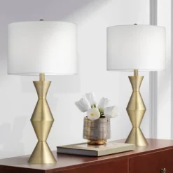 360 Lighting Elka 28" Tall Mid Century Modern Glam Table Lamps Set Of 2 Gold Brass Finish Metal Living Room Bedroom Bedside Nightstand White Shade