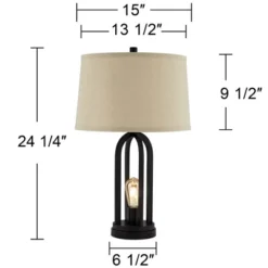 360 Lighting Marcel Industrial Table Lamps 24 1/4" High Set Of 2 Black With LED Nightlight USB Port Natural Shade For Bedroom Living Room House Desk -360 Lighting GUEST 08110b11 1fea 47bb 87df 4ebf60c80329