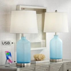 360 Lighting Modern Table Lamps 27 3/4" Tall Set Of 2 With USB Charging Port Blue Glass White Drum Shade For Living Room Bedroom