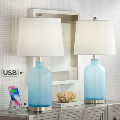 360 Lighting Modern Table Lamps 27 3/4" Tall Set Of 2 With USB Charging Port Blue Glass White Drum Shade For Living Room Bedroom 3 360 Lighting Modern Table Lamps 27 3/4" Tall Set Of 2 With USB Charging Port Blue Glass White Drum Shade For Living Room Bedroom