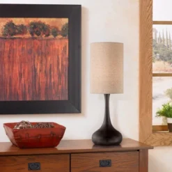 360 Lighting Modern Table Lamp 24.5" High Espresso Bronze Metal Droplet Linen Cylinder Shade For Living Room Family Bedroom Bedside Office -360 Lighting GUEST 0d03f484 074e 4e62 bf8d 3537a0a6b811