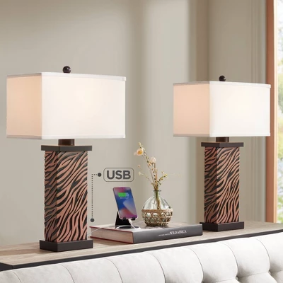 360 Lighting Modern Table Lamps Set Of 2 With USB Charging Port 27" Tall Zebra Faux Wood Off-White Fabric Shade For Bedroom Bedside House 3 360 Lighting Modern Table Lamps Set Of 2 With USB Charging Port 27" Tall Zebra Faux Wood Off-White Fabric Shade For Bedroom Bedside House