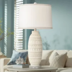 360 Lighting Cullen 31" Tall Large Modern Coastal End Table Lamp Beige Almond Ceramic Single White Shade Living Room Bedroom Bedside Nightstand House