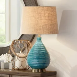 360 Lighting Kayley Modern Mid Century Table Lamp 24" High Sky Blue Glaze Textured Ceramic Linen Tapered Drum Shade For Bedroom Living Room Bedside