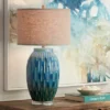 360 Lighting Selena Modern Table Lamp 28 1/2" Tall Green Blue Glaze Ceramic Oatmeal Fabric Drum Shade For Bedroom Living Room Bedside Nightstand Kids