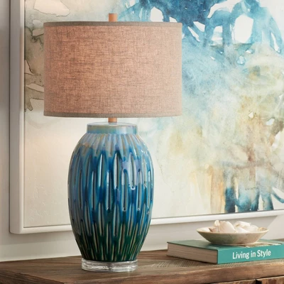 360 Lighting Selena Modern Table Lamp 28 1/2" Tall Green Blue Glaze Ceramic Oatmeal Fabric Drum Shade For Bedroom Living Room Bedside Nightstand Kids 3 360 Lighting Selena Modern Table Lamp 28 1/2" Tall Green Blue Glaze Ceramic Oatmeal Fabric Drum Shade For Bedroom Living Room Bedside Nightstand Kids