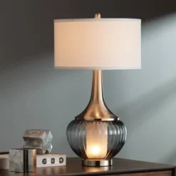 360 Lighting Courtney Modern Table Lamps 28 1/2" Tall Set Of 2 Fluted Smoked Glass With Nightlight White Linen Drum Shade For Living Room Nightstand -360 Lighting GUEST 1caad7cf 8178 454e 9120 0237f5628b66