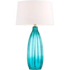360 Lighting Stella Modern Coastal Table Lamp 30" Tall Fluted Blue Ribbed Glass White Drum Shade For Bedroom Living Room Bedside Nightstand Office -360 Lighting GUEST 1d058680 139d 4bd8 aaeb 9823ee0974b1