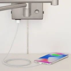 360 Lighting Vero Modern Swing Arm Wall Lamp Brushed Nickel Plug-in Light Fixture With USB Charging Port White Drum Shade For Bedroom Bedside Reading -360 Lighting GUEST 216fb529 312b 4aa3 86d2 d365a0772ec5