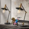 360 Lighting Taurus 20" High Small Farmhouse Rustic Industrial Desk Lamps Set Of 2 USB Ports Adjustable Black Gold Home Office Living Room Charging