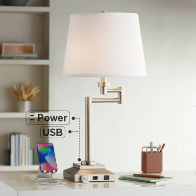 360 Lighting Camber Modern Desk Table Lamp 29" Tall Brushed Steel With USB And AC Power Outlet In Base Swing Arm Linen Shade For Bedroom Living Room 3 360 Lighting Camber Modern Desk Table Lamp 29" Tall Brushed Steel With USB And AC Power Outlet In Base Swing Arm Linen Shade For Bedroom Living Room