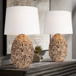 360 Lighting Nantucket 26" High Coastal Modern Farmhouse Rustic Table Lamps Set Of 2 Natural Seagrass Living Room Bedroom Bedside White Shade