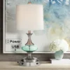 360 Lighting Reiner Modern Accent Table Lamp 23" High Blue Green Glass Nickel With USB And AC Power Outlet In Base Off White Drum Shade For Home Desk -360 Lighting GUEST 2861e132 f238 4e5f bd59 8a1a86fe82b1