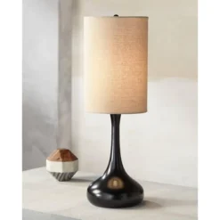 360 Lighting Modern Table Lamp 24.5" High Espresso Bronze Metal Droplet Linen Cylinder Shade For Living Room Family Bedroom Bedside Office