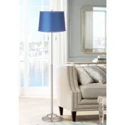 360 Lighting Abba Modern Floor Lamp Standing 66" Tall Brushed Nickel Metal Blue Satin Fabric Drum Shade For Living Room Bedroom Office House Home