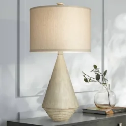 Pacific Coast Lighting Adelis 31" Tall Large Geometric Modern End Table Lamp Beige Faux Bleached Wood Finish Single Living Room Bedroom Bedside House