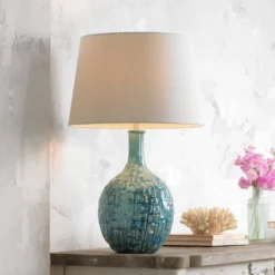 360 Lighting Modern Table Lamp 26" High Teal Glaze Ceramic Gourd White Fabric Drum Shade For Bedroom Living Room House Home Bedside Nightstand Office