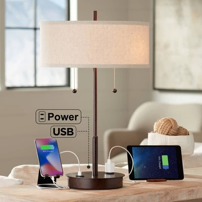 360 Lighting Modern Accent Table Lamp With USB And AC Power Outlet 23 1/2" High Bronze Fabric Drum Shade For Bedroom Living Room House Desk Bedside 3 360 Lighting Modern Accent Table Lamp With USB And AC Power Outlet 23 1/2" High Bronze Fabric Drum Shade For Bedroom Living Room House Desk Bedside