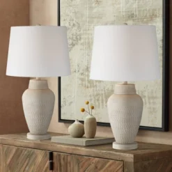360 Lighting Rupert 24 3/4" High Vase Farmhouse Rustic Traditional Table Lamps Set Of 2 Beige Hammered Metal Off-White Shade Living Room Bedroom