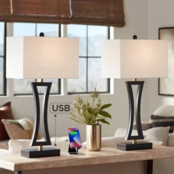 360 Lighting Roxie Modern Table Lamps 31" Tall Set Of 2 Black Metal With USB Charging Port White Rectangular Shade For Bedroom Living Room Bedside