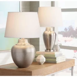 360 Lighting Rupert Modern Table Lamp 25" High Brushed Nickel Hammered White Linen Drum Shade For Bedroom Living Room Bedside Nightstand Office Kids -360 Lighting GUEST 3b0529ee dc35 4d85 b317 34d92010fbbd