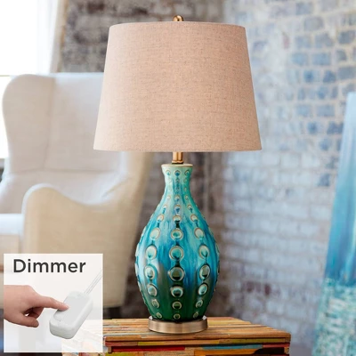 360 Lighting Mid Century Modern Table Lamp With Table Top Dimmer 26.5" High Teal Ceramic Tan Fabric Drum For Living Room Bedroom (Color May Vary) 3 360 Lighting Mid Century Modern Table Lamp With Table Top Dimmer 26.5" High Teal Ceramic Tan Fabric Drum For Living Room Bedroom (Color May Vary)
