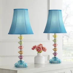 360 Lighting Bohemian 21" High Small Modern Accent Table Lamps Set Of 2 Multi-Color Stacked Glass Blue Shade Living Room Bedroom Bedside Nightstand