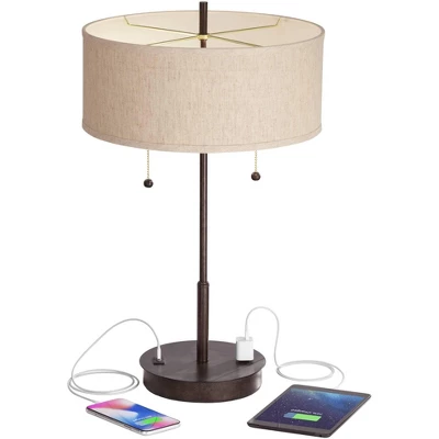 360 Lighting Modern Accent Table Lamp With USB And AC Power Outlet 23 1/2" High Bronze Fabric Drum Shade For Bedroom Living Room House Desk Bedside 4 360 Lighting Modern Accent Table Lamp With USB And AC Power Outlet 23 1/2" High Bronze Fabric Drum Shade For Bedroom Living Room House Desk Bedside - Image 2