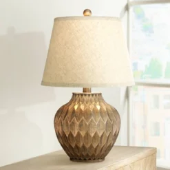 360 Lighting Modern Accent Table Lamps 22" High Set Of 2 Warm Bronze Geometric Urn Tapered Drum Shade For Living Room Family Bedroom Office -360 Lighting GUEST 40ceb1a3 7159 4ddd 89a0 4c3d00c5d869