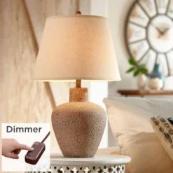 360 Lighting Bentley Rustic Farmhouse Table Lamp 29" Tall Brown Leaf Hammered With Table Top Dimmer Off White Empire Shade For Bedroom Living Room