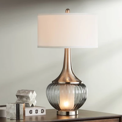 360 Lighting Courtney Modern Table Lamp 28 1/2" Tall Fluted Smoked Glass With Nightlight White Linen Drum Shade For Bedroom Living Room Nightstand 3 360 Lighting Courtney Modern Table Lamp 28 1/2" Tall Fluted Smoked Glass With Nightlight White Linen Drum Shade For Bedroom Living Room Nightstand