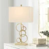 360 Lighting Saul Modern Table Lamp 26" High Brass Gold Metal Open Rings Oatmeal Fabric Rectangular Shade For Bedroom Living Room Bedside Nightstand