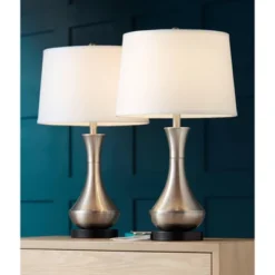360 Lighting Simon Modern Table Lamps 25 1/2" High Set Of 2 Brushed Nickel With USB Charging Port White Fabric Drum Shade For Bedroom Living Room Desk -360 Lighting GUEST 45d02464 4018 498b a892 f27e1a0c7a9a
