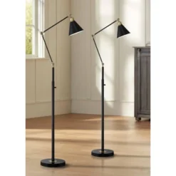 360 Lighting Wray Mid Century Modern 61" Tall Standing Floor Lamps Set Of 2 Lights Task Adjustable Black Metal Antique Brass Finish Living Room House