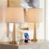 360 Lighting Modern Table Lamps 25" High Set Of 2 With USB Charging Port Brass Metal Beige Drum Shade For Bedroom Living Room House Desk Bedside Home