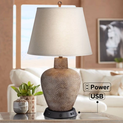 360 Lighting Bentley Rustic Farmhouse Table Lamp 29" Tall Brown Leaf With Dimmable USB Workstation Base Off White Empire Shade For Bedroom Living Room 4 360 Lighting Bentley Rustic Farmhouse Table Lamp 29" Tall Brown Leaf With Dimmable USB Workstation Base Off White Empire Shade For Bedroom Living Room - Image 2