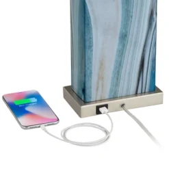 360 Lighting Connie Modern Table Lamps 25" High Set Of 2 Blue Faux Marble With USB Charging Ports LED White Shade For Bedroom Living Room House Desk -360 Lighting GUEST 4cf6a2c4 b871 4398 af22 3a98d79344df