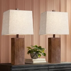360 Lighting Modern Rustic Accent Table Lamps 23" High Set Of 2 Faux Wood Rectangular Block Brown Tan Fabric Shade For Bedroom Living Room House Home