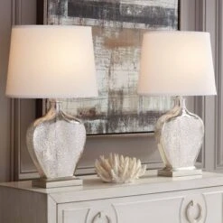 360 Lighting Axel Modern Table Lamps 25" High Set Of 2 Mercury Glass White Fabric Drum Shade For Bedroom Living Room Bedside Nightstand Office Kids