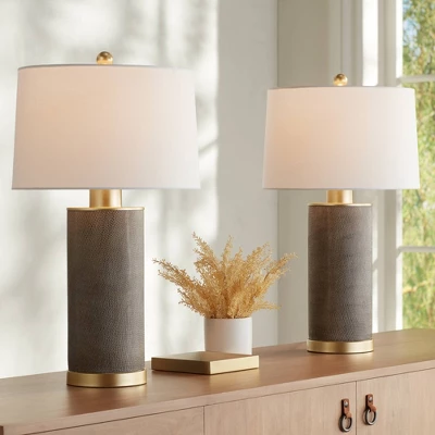 360 Lighting Gilson Modern Table Lamps 24 1/2" High Set Of 2 Gray Glaze Ceramic White Drum Shade For Bedroom Living Room Bedside Nightstand Office 3 360 Lighting Gilson Modern Table Lamps 24 1/2" High Set Of 2 Gray Glaze Ceramic White Drum Shade For Bedroom Living Room Bedside Nightstand Office