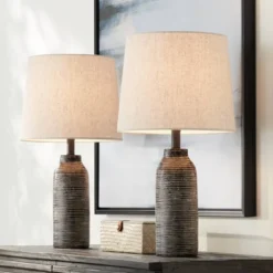 360 Lighting 21 360 Lighting 24" High Mid Century Modern Farmhouse Rustic Table Lamps Set Of 2 Black Finish Oatmeal Shade Living Room Bedroom Bedside Nightstand House