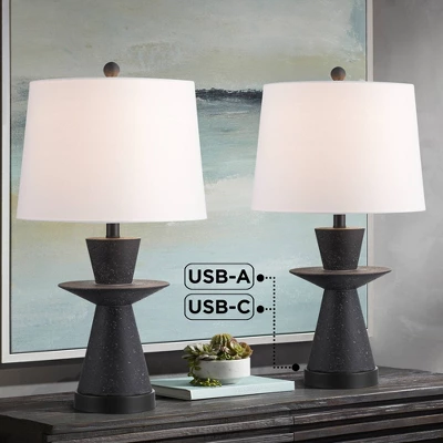 360 Lighting Fiona 24 1/2" High Mid Century Modern Table Lamps Set Of 2 USB Port Black Metal White Shade Living Room Charging Bedroom Bedside House 3 360 Lighting Fiona 24 1/2" High Mid Century Modern Table Lamps Set Of 2 USB Port Black Metal White Shade Living Room Charging Bedroom Bedside House