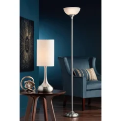 360 Lighting Modern Table Lamp 24.5" High Brushed Steel Droplet White Cylinder Shade For Living Room Family Bedroom Bedside Nightstand -360 Lighting GUEST 55c31dbd e4aa 4124 9f9e 863eaa34923f