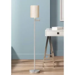 360 Lighting Modern Swing Arm Floor Lamp 60.5" Tall Brushed Nickel Ivory Natural Linen Cylinder Shade For Living Room Reading Bedroom Office