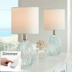 360 Lighting Rita Modern Accent Table Lamps 14 3/4" High Set Of 2 Blue Green Glass With Table Top Dimmers White Drum Shade For Bedroom Living Room