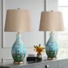360 Lighting Mid Century Modern Table Lamps 26.5" High Set Of 2 Ceramic Teal Handmade Tan Linen Tapered Shade For Living Room Bedroom (Color May Vary)