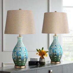 360 Lighting Mid Century Modern Table Lamps 26.5" High Set Of 2 Ceramic Teal Handmade Tan Linen Tapered Shade For Living Room Bedroom (Color May Vary)