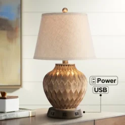 360 Lighting Accent Table Lamp With USB And AC Power Outlet Workstation Charging Base 22" High Warm Bronze Drum Shade Living Room Desk